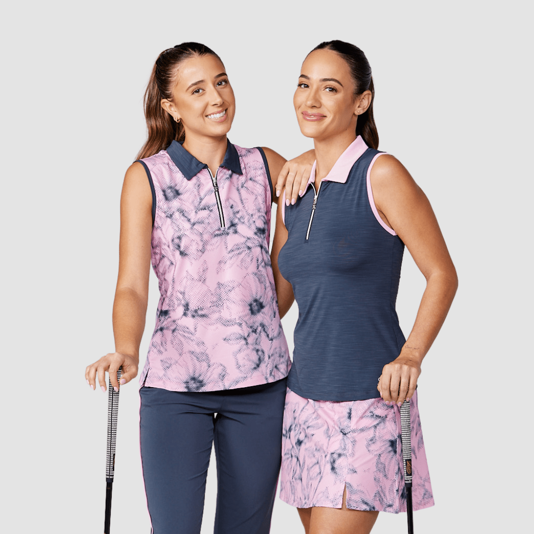 Shades of Pink Women's Golf Collection by Sofibella, two women posing with items from the collection