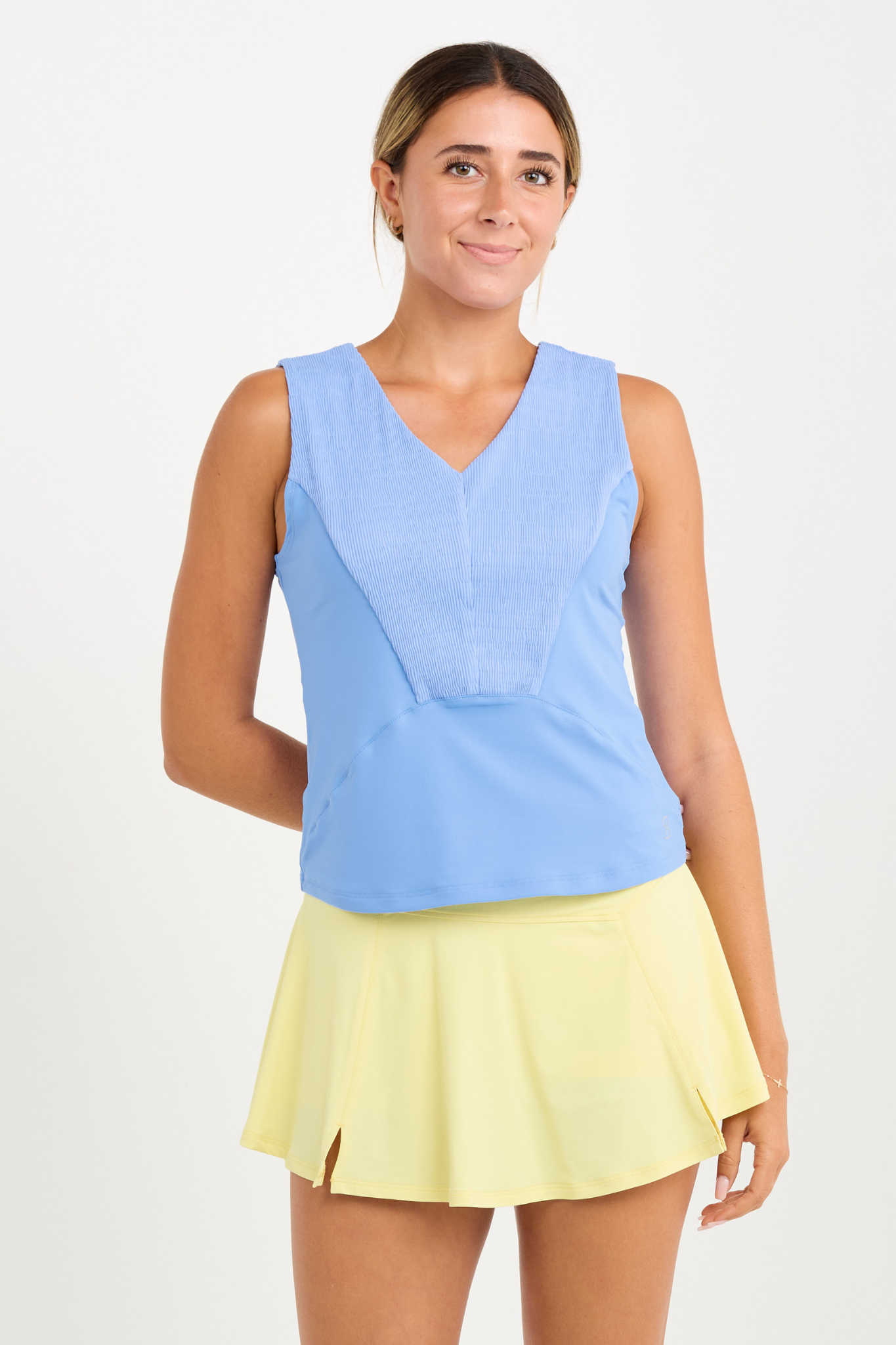 Women's Periwinkle V Neck Tennis Tank Top by Sofibella, close up front view on model