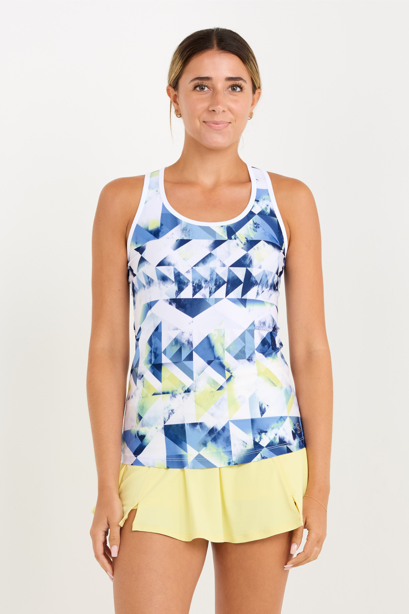 Women's Kaleidoscope Tennis Racerback Top by Sofibella, front view on model