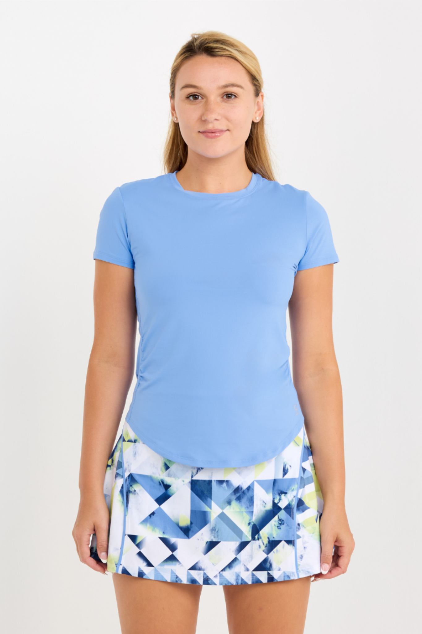 Women's Periwinkle Short Sleeve Tennis Top by Sofibella, front view on model