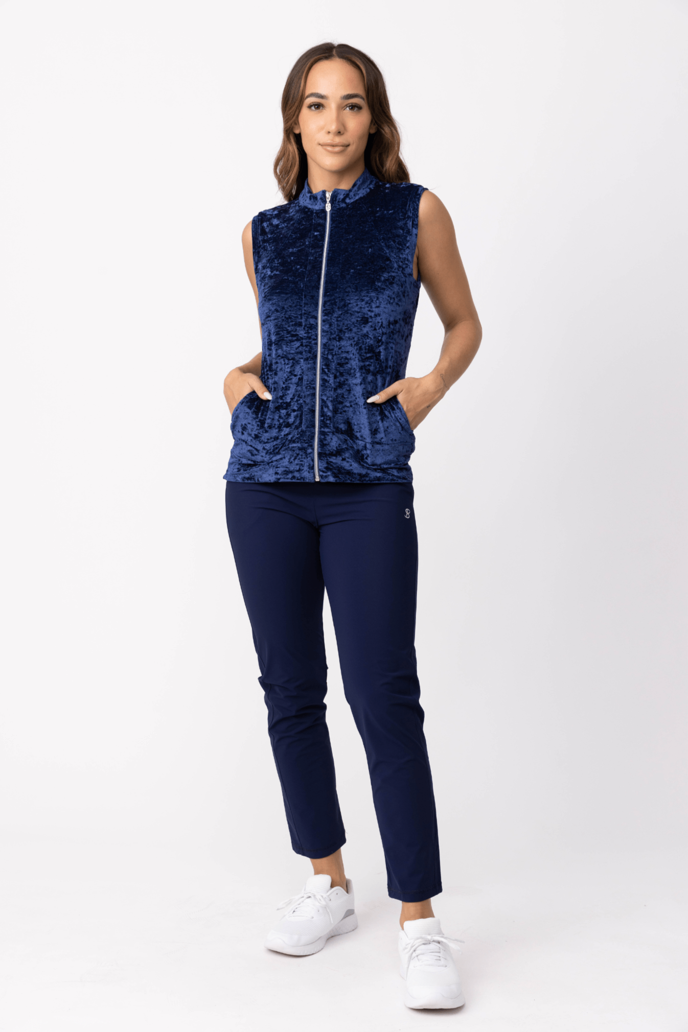 Women's Navy Crushed Velvet Sport Zipper Vest by  Sofibella, front view