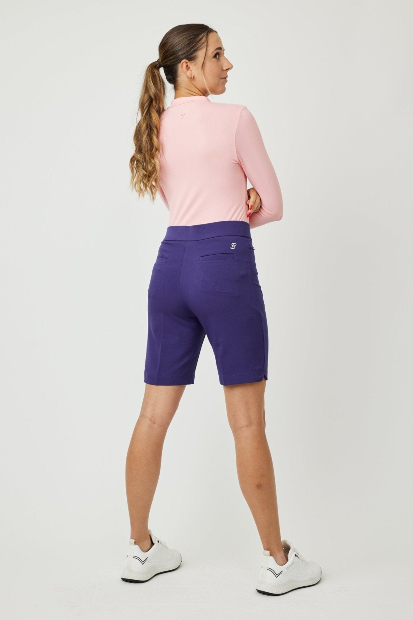 Women's Navy High Waist 9" Inseam Golf Short by Sofibella, back view