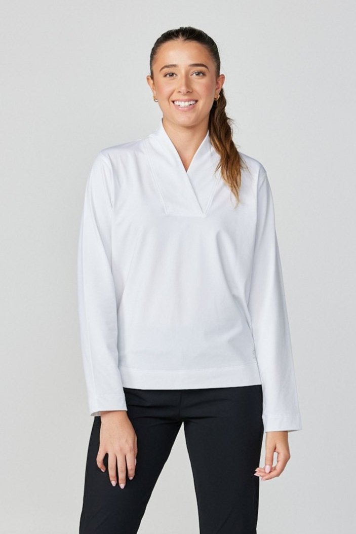 UV Staples Overlapping V Neck White Tennis Pullover by Sofibella, front view