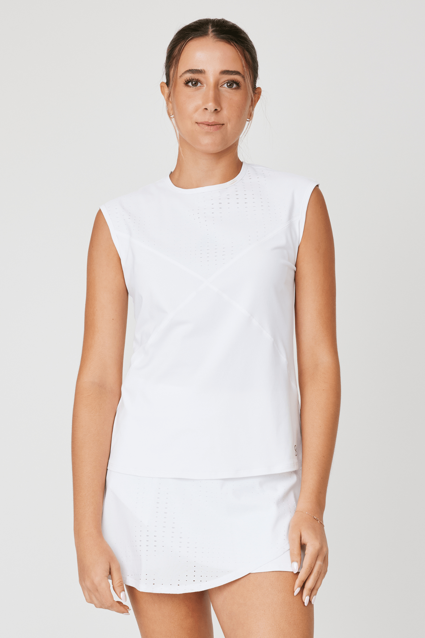 Women's Baseline White Tennis Cap Sleeve Top by Sofibella, close up