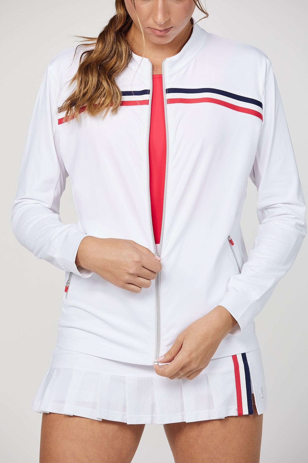 Women's White Zipper Golf Jacket with Mesh Sleeve Inserts by Sofibella, zoom view of front