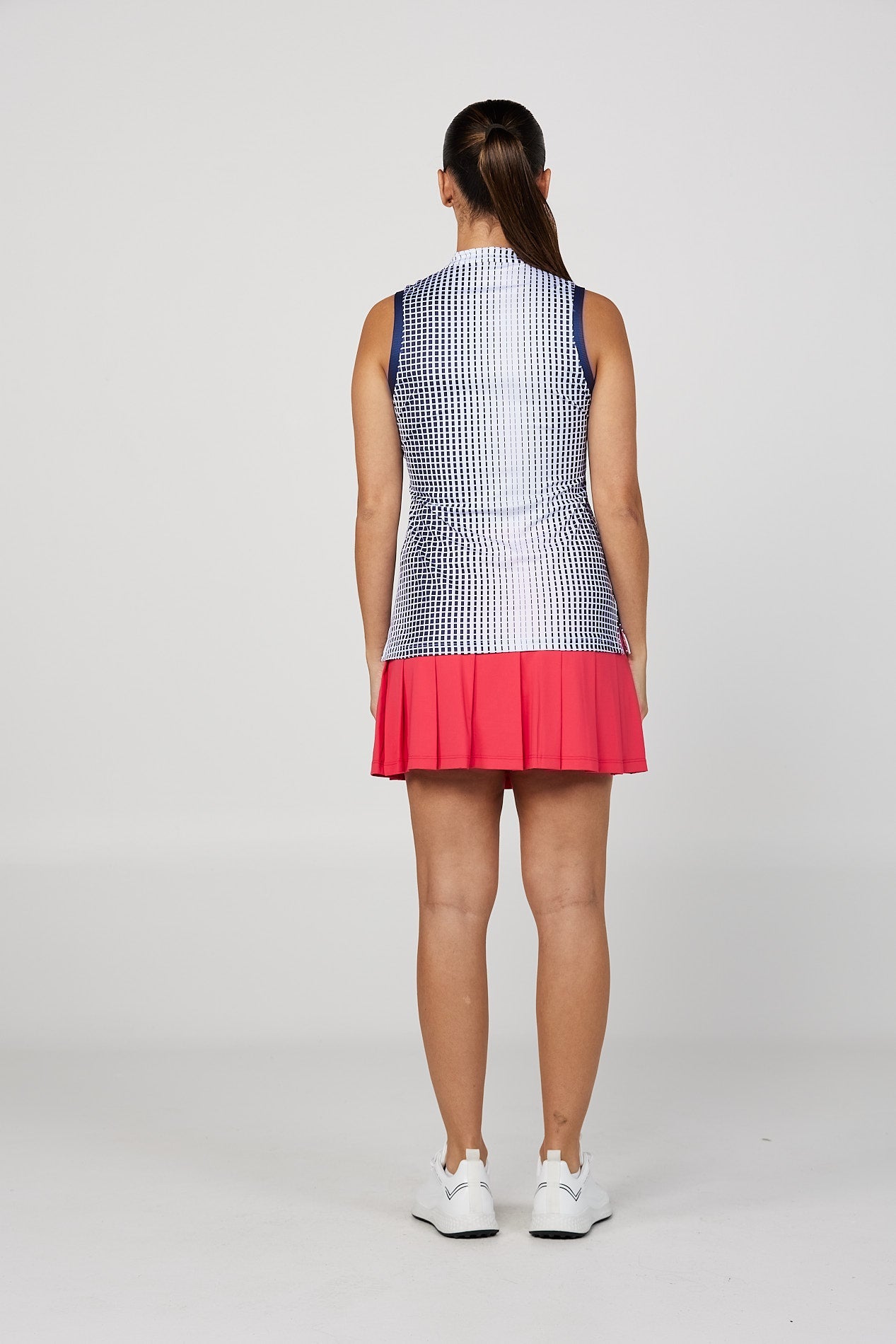 Women's Ombre Grid Navy and White Golf Sleeveless Top by Sofibella, back view