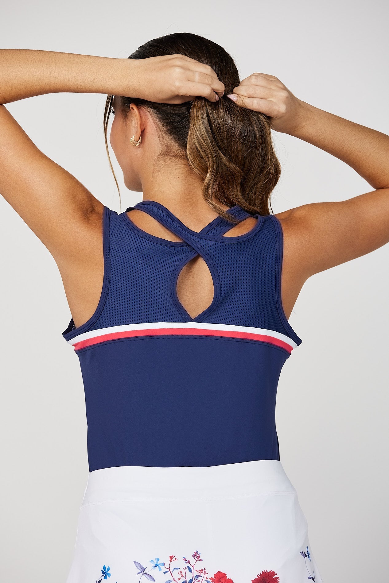 Women's Tennis Tank Top with Cross Back Detail by Sofibella, navy, close up of back